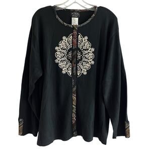 Koos of Course black cardigan embroidered mandala design, Size 2X, snap buttons.